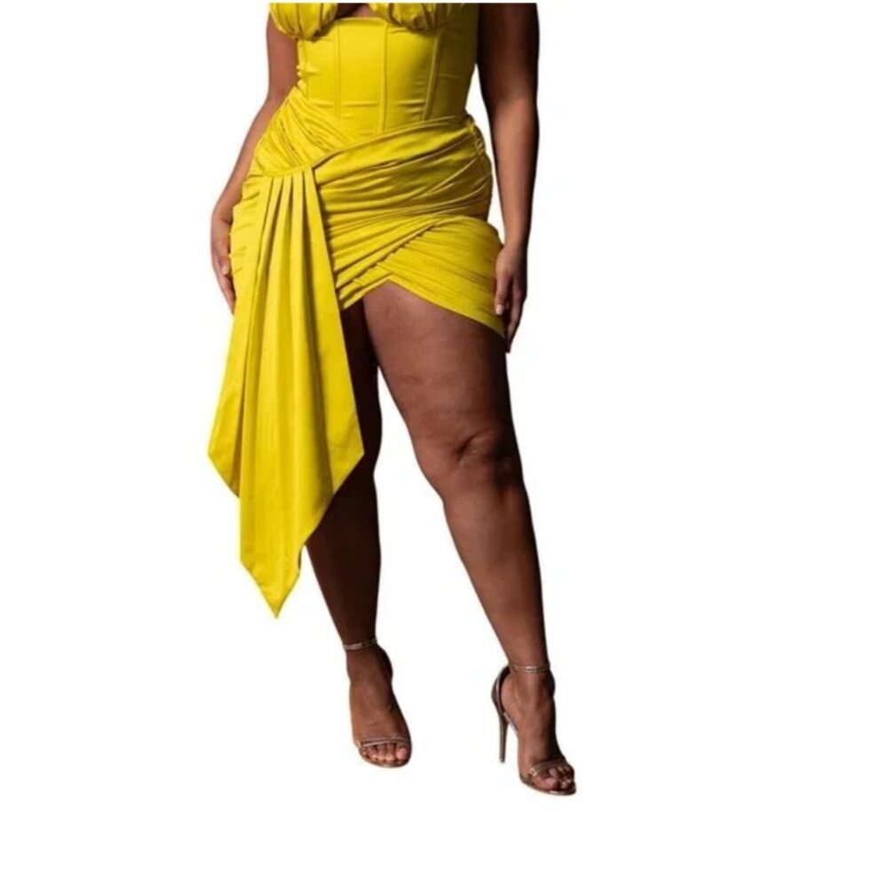 PrettyLittleThing Chartreuse Contrsucted Satin Ruched Drape Bodycon Skirt US 22 - Picture 10 of 12